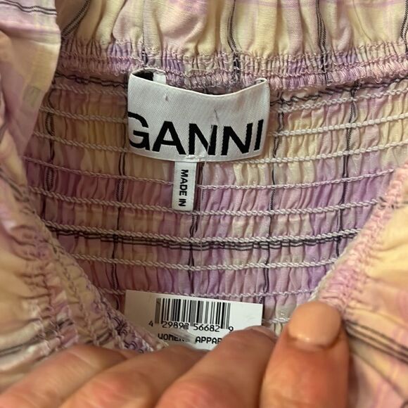 Ganni Seersucker Smocked Check Plaid Square Neck Poplin Top Size 38 - Picture 4 of 6